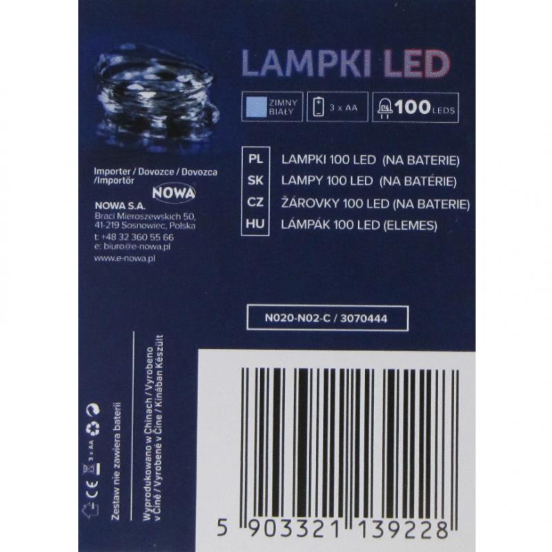 Lampki świąteczne 100LED białe zimne na baterie